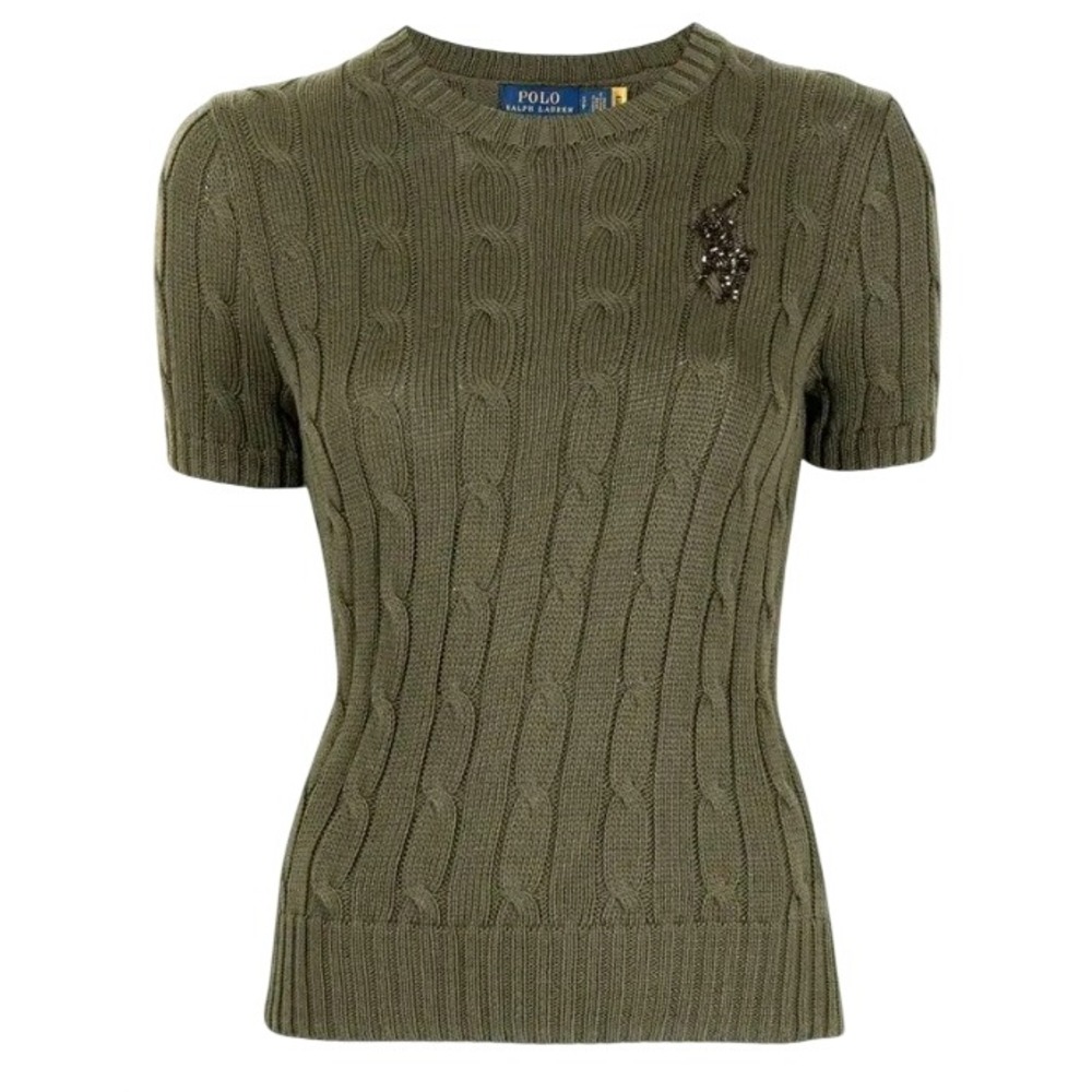 Polo Ralph Lauren Cable Knit Sweater Short Sleeve Bead Logo Green Pima Cotton M